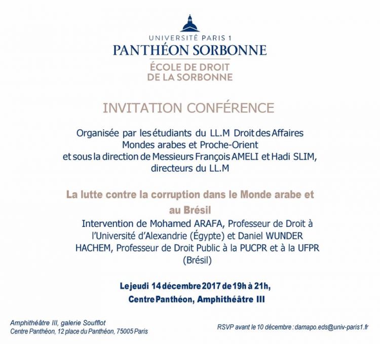 Conferência - La lutte contre la corruption dans le monde arabe et au Brésil - Université Paris 1 Panthéon-Sorbonne (Paris, França)