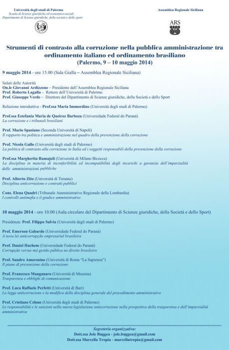 Conferência - Strumenti di contrasto alla corruzione nella pubblica amministrazione tra ordinamento italiano ed ordinamento brasiliano - Università degli studi di Palermo (Palermo, Itália)
