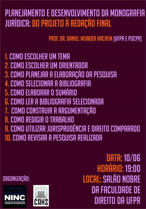 Palestra - Planejamento e desenvolvimento da monografia jurídica: do projeto à redação final - UFPR (Curitiba - PR)